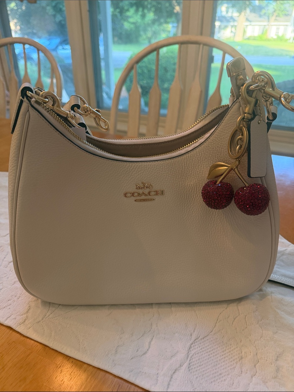 Coach Chalk Pebble Leather Shoulder Bag with Red Cherry Charm - Picture 1 of 11